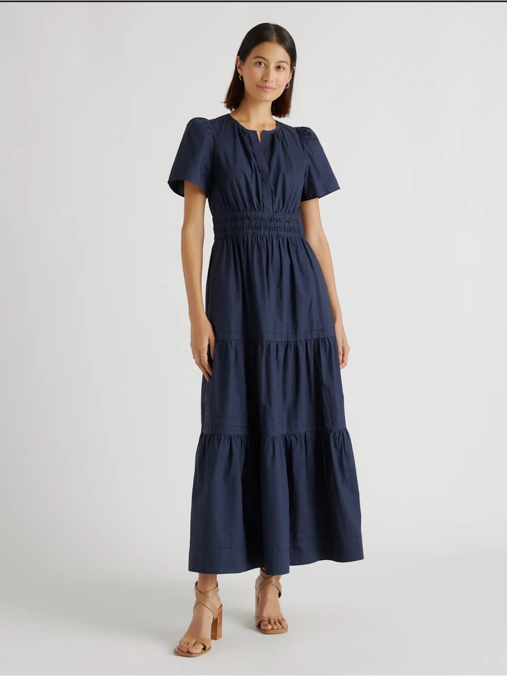 NWOT Quince Navy 100% Organic Cotton Poplin Tiered Maxi Dress w/POCKETS Size XL